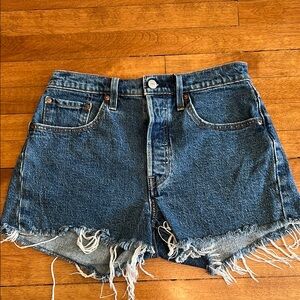 Levi's Blue Denim 501 Shorts with Frayed Hem